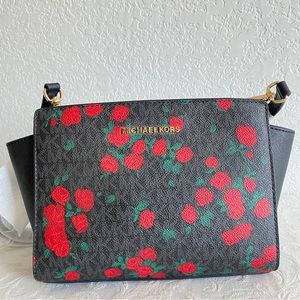 MICHAEL Michael Kors Black/Red MK Rose Leather Medium Selma Tote